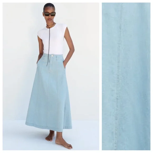 NWT. Zara Light Blue Z1975 Denim High Waist Midi Skirt. Size XS. - Picture 1 of 11